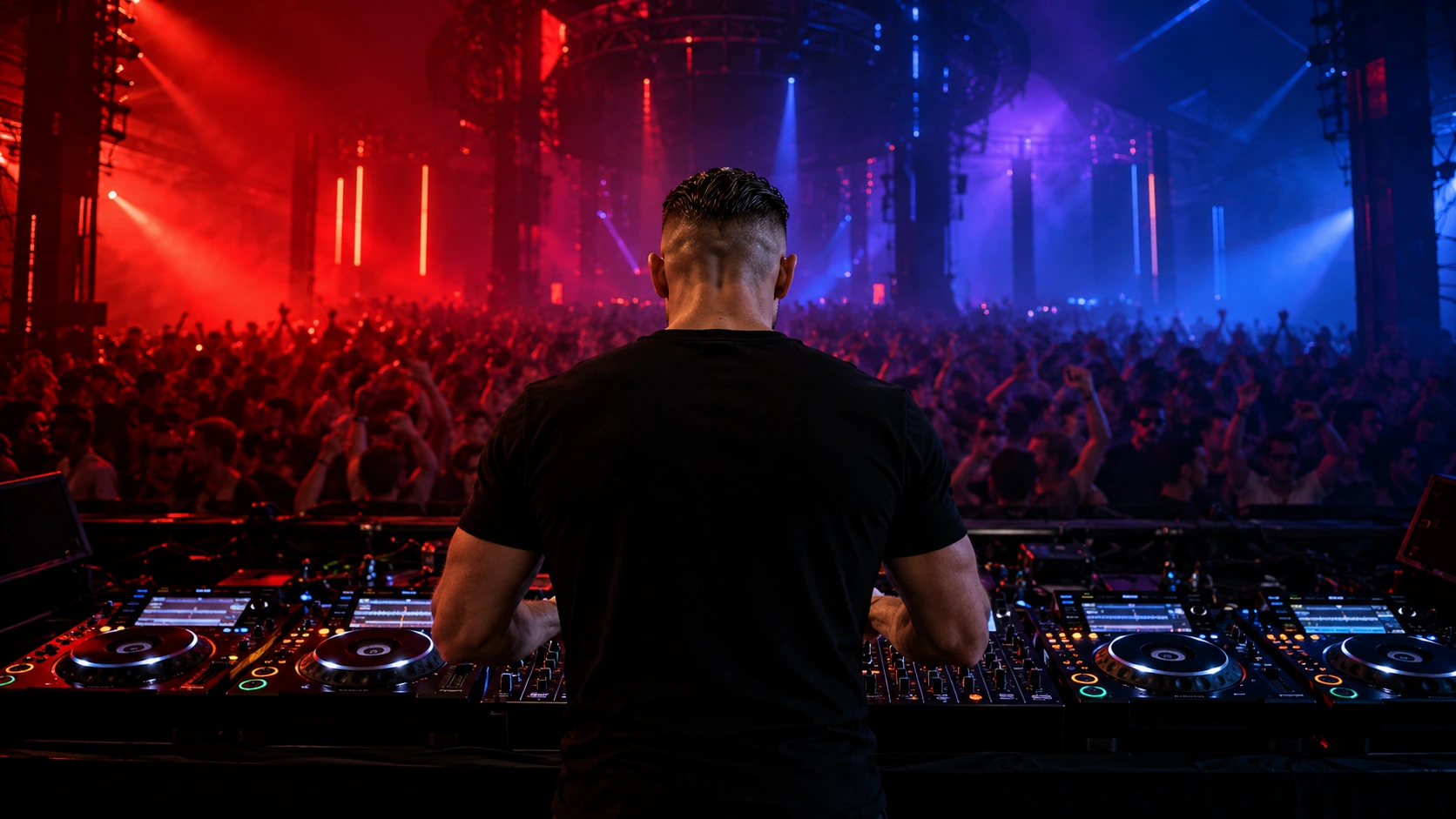 DJ Zeb at the decks, viewed from behind
